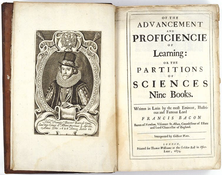 Title page of Francis Bacon’s Advancement of Learning, 1674 edition.  Francis Bacon / wiki