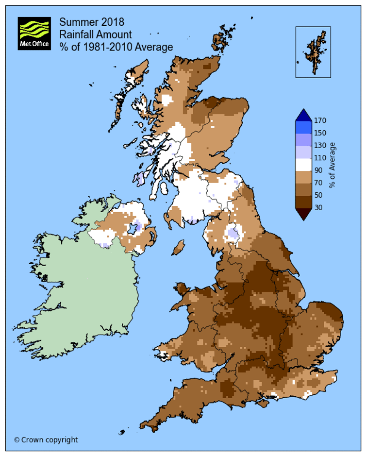 Summer rainfall in 2018 as percentage of 1981-2010 average (Met Office)