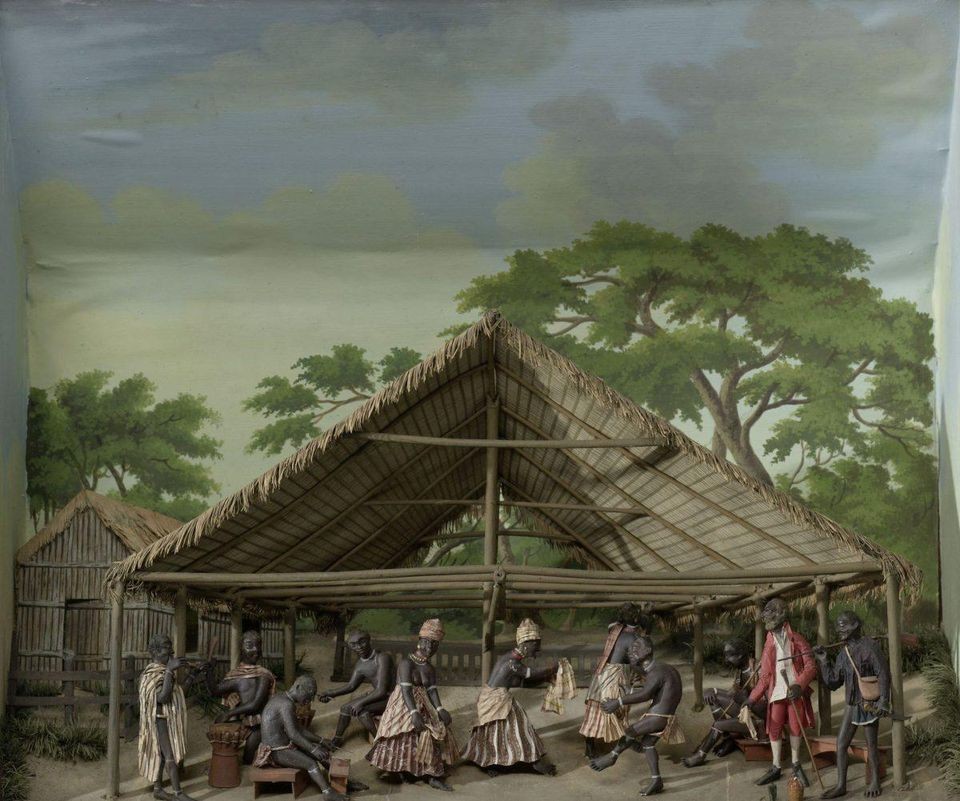 Diorama (three-dimensional tableau) of a slave dance by the Surinamese-Dutch artist Gerrit Schouten, 1830 (Rijksmuseum)