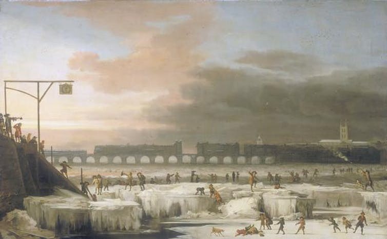 ‘The Frozen Thames’ (1677). Did Europe’s Little Ice Age derive from 56 million deaths in the Americas?  Abraham Hondius/Wikipedia