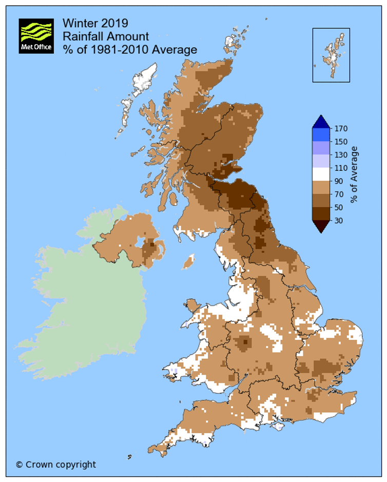 Winter rainfall in 2018-2019 as percentage of 1981-2010 average (Met Office)