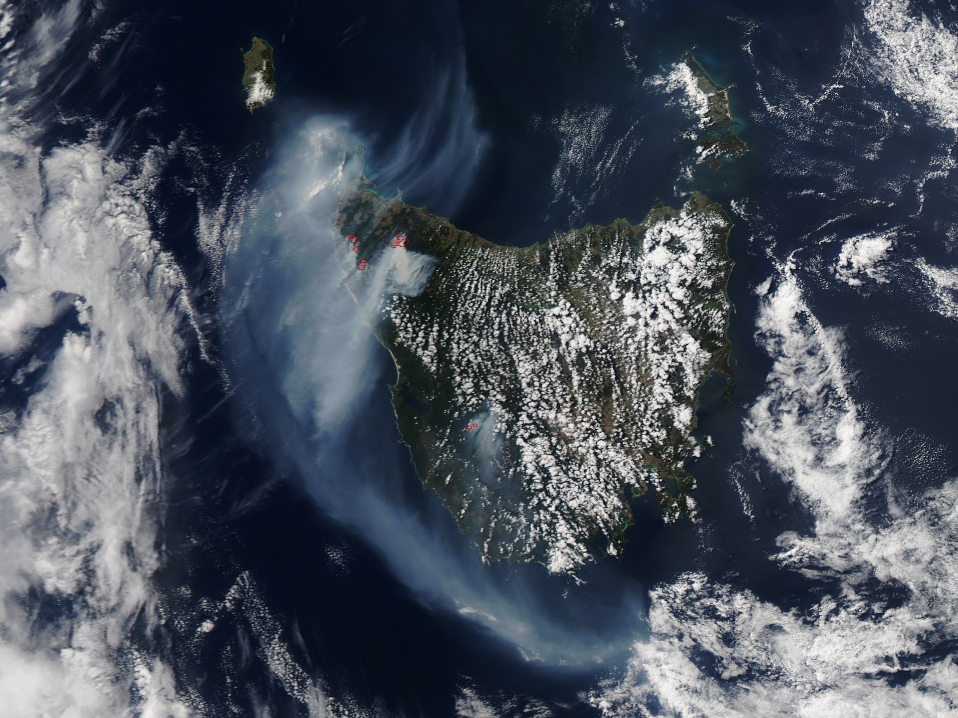 Tasmania fires. NASA image by Jeff Schmaltz