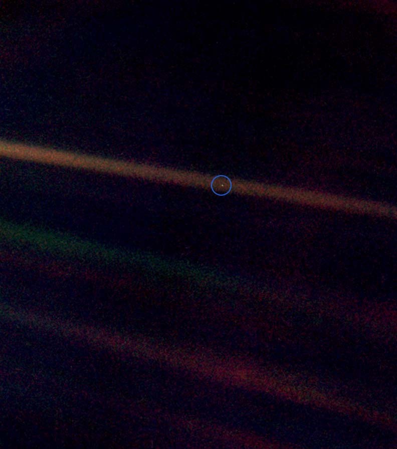 The "Blue Pale Dot", a photograph of Planet Earth taken by space probe Voyager 1 in 1990 from a distance of about 6 billion kilometers